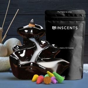 NIB Cascading Waterfall Ceramic Incense Backflow Burner + 200 Cones Included